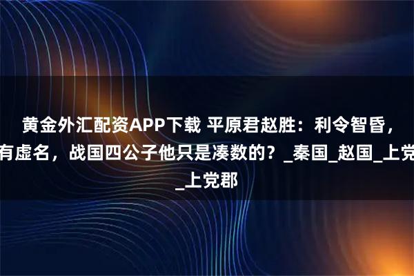 黄金外汇配资APP下载 平原君赵胜：利令智昏，徒有虚名，战国四公子他只是凑数的？_秦国_赵国_上党郡